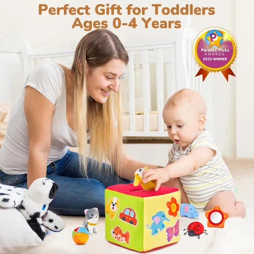 Miniatura 14 de JoyCat Juguetes para bebés de 6 a 12 meses - Caja misteriosa de tela suave con 10 objetos sensoriales, sonajero, papel arrugado, espejo - ¿Qué hay