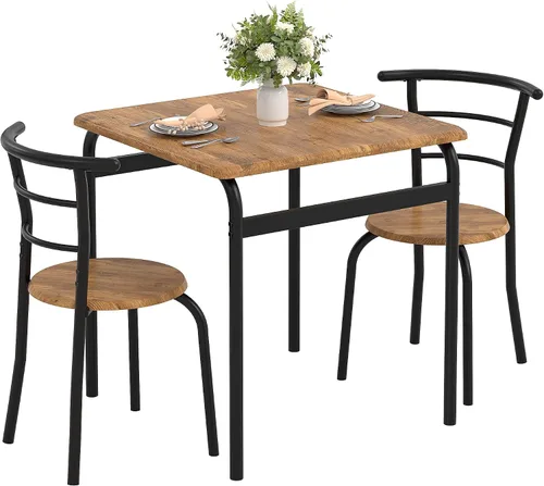 Miniatura 8 de VECELO Juego de mesa y sillas de comedor de 3 piezas para 2, juego de comedor cuadrado de metal y madera para espacios pequeños, rincón de desayuno