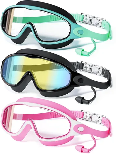 Miniatura 9 de Paquete de 3 gafas de natación para niños, con tapones para los oídos, marco grande, antivaho, UV, visión amplia, para niños y niñas de 4 a 12 años