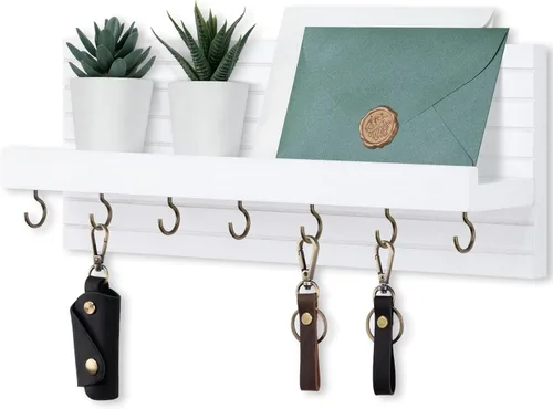 Miniatura 13 de Lwenki Soporte decorativo para llaves de pared con estante, estante de entrada con ganchos para correas, chaquetas y gafas, colgador de entrada