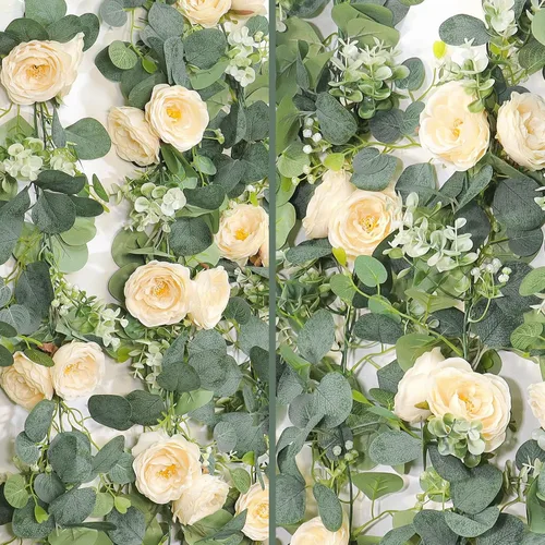 Miniatura 6 de TOCHGREEN Paquete de 2 Guirnaldas de Flores de Eucalipto Artificial de 12 Pies con Rosas Champán, Guirnalda de Flores de Rosa Falsa Verdor