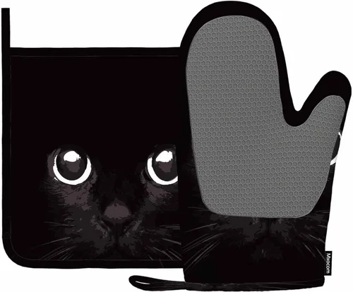 Mxocom Manopla de horno y soporte para olla de gato negro con cabeza de gato fría de silicona, resistente al calor, para cocinar, barbacoa, hornear,
