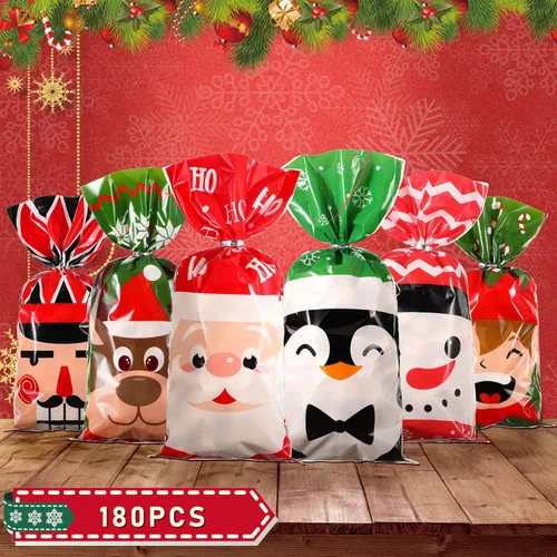 Miniatura 3 de Blulu 180 Piezas Bolsas de Celofán de Plástico para Dulces y Regalos de Navidad con 200 Ataduras Doradas y Plateadas para Navidad Xmas Santa