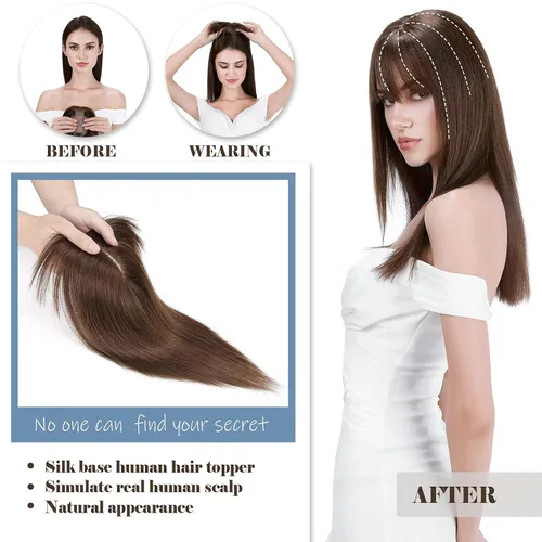 Miniatura 4 de Hairro Toppers de cabello humano para mujer, clip en Remy Topper postizo con flequillo, clip en tupé con flequillo Wispy Flequillo, pérdida