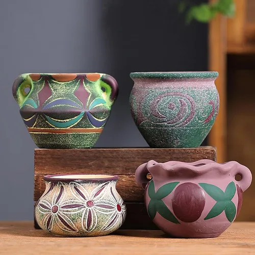 Juego de 4 macetas de cerámica para plantas de interior con agujeros de drenaje, macetas decorativas rústicas coloridas para plantas pequeñas de
