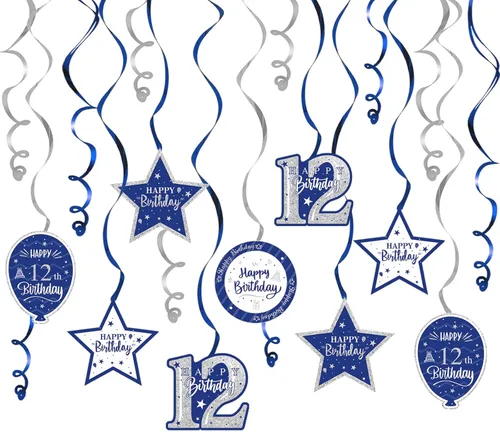 Miniatura 62 de Decoración de fiesta de serpentinas con purpurina azul y plateada de feliz 11º cumpleaños, 15 piezas de remolinos colgantes de 11 cumpleaños, cartel