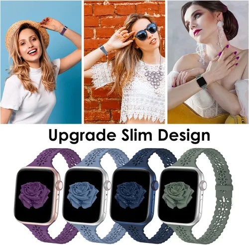 Miniatura 2 de Bandiction - Paquete de 4 correas de silicona de encaje compatibles con Apple Watch de 38mm 40mm 41mm 42mm 44mm 45mm 46mm 49mm, correa delgada