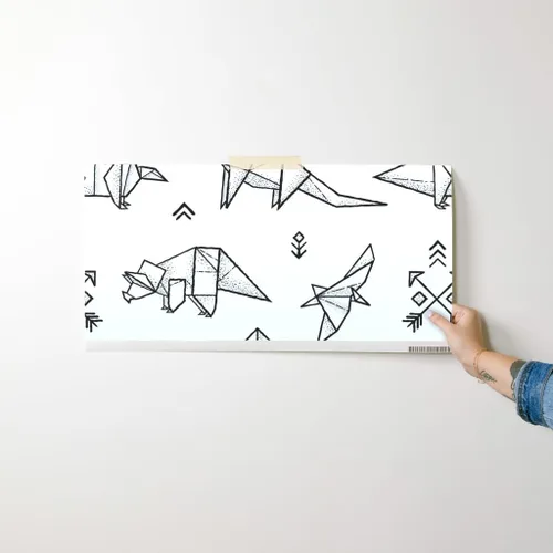 Miniatura 7 de Papel tapiz para despegar y pegar, diseño de dinosaurios de origami, negro, blanco, geométrico, monocromático, extraíble, personalizado Spoonflower