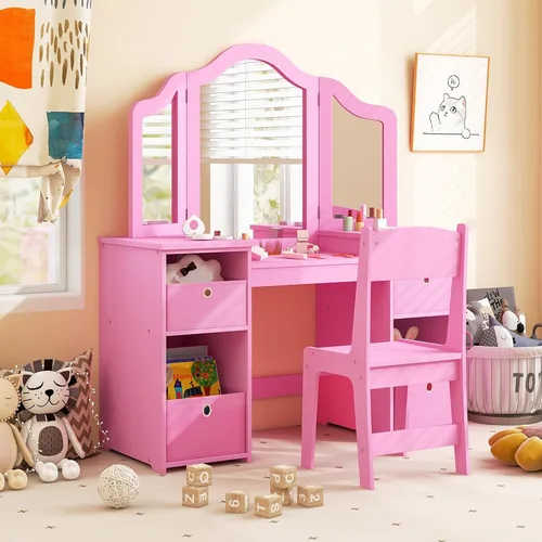 Miniatura 8 de Costzon Tocador para Niños, Juego de Escritorio y Silla de Maquillaje de Princesa 2 en 1 con Espejo Tri-Plegable, 4 Cubos de Almacenamiento, Mesa