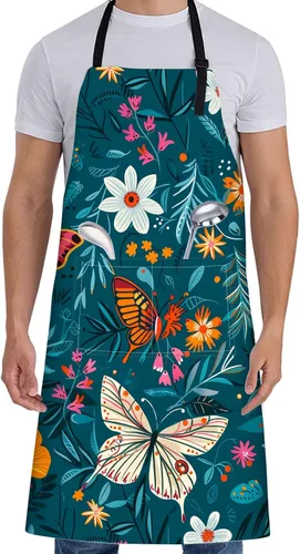 Miniatura 11 de Delantal de pájaro para mujer con colibrí, 28 x 33 pulgadas, delantales de cocina de jardín floral con 2 bolsillos, tela Oxford, hermoso delantal
