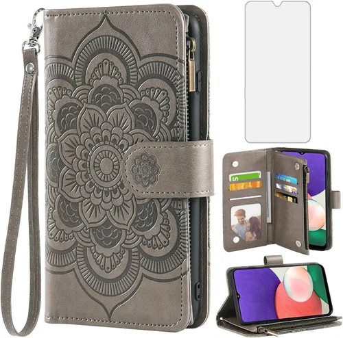 Asuwish Funda de teléfono para Samsung Galaxy A22 5G/Boost Mobile Celero 5G Funda tipo cartera con protector de pantalla de vidrio templado y Gris