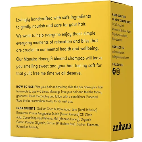 Miniatura 6 de ANIHANA Barra de Champú para Cabello Normal Regular Limpio Purificante Aspecto Natural Saludable y Brillo Sin Parabenos Miel de Manuka y Almendra
