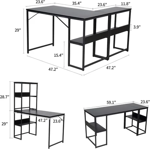 Miniatura 3 de UNICOO Escritorio multifunción para computadora con 3 combinaciones. Escritorio para computadora en forma de L con estantes, escritorio de estudio