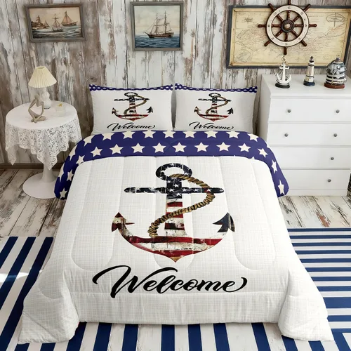 Miniatura 39 de Juego de edredón Lake House tamaño Twin, juego de ropa de cama náutica de navegación con ancla de 2 piezas para decoración de habitación de niños