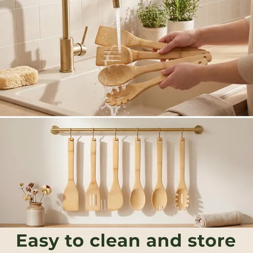 Miniatura 7 de Bamboo Wooden Utensil Set, 6 Pcs - Nonstick Safe & Heat-Resistant Bamboo Utensils for Cooking - Easy to Clean & Sturdy Wooden Spoons for Cooking &
