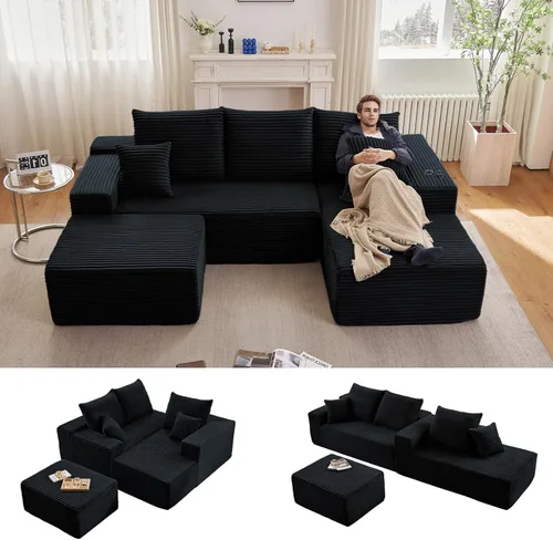 Miniatura 37 de Sofá modular Cloud de 95 pulgadas con otomana, moderno sofá nube en forma de U con asiento profundo, cómodo sofá de pana de 3 plazas, sofá de espuma