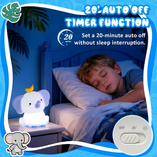 Miniatura 4 de Ammonite Luz nocturna de elefante azul, lámpara de bebé de elefante de silicona suave con 2 niveles de atenuación y temporizador de 20 minutos, luz
