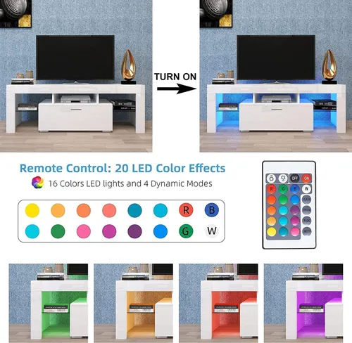 Miniatura 4 de Soporte de TV para TV de 55 pulgadas con almacenamiento, soporte de TV blanco con luces LED, centro de entretenimiento para TV de 55 pulgadas