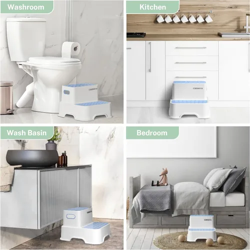 Miniatura 7 de COOSEYA Taburetes de 2 escalones para niños, taburete escalonado para niños pequeños para lavabo de baño, doble escalón antideslizante para baño