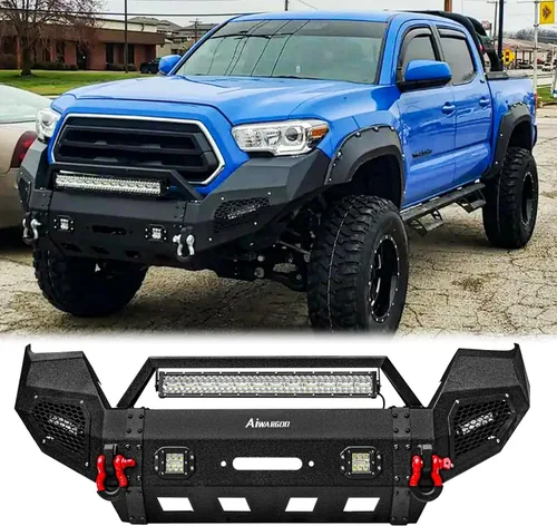 Miniatura 13 de Parachoques trasero de acero para Tacoma 2016 2017 2018 2019 2020 2021 2022 2023 con placa de cabrestante y orificio de sensor y luces LED y kits