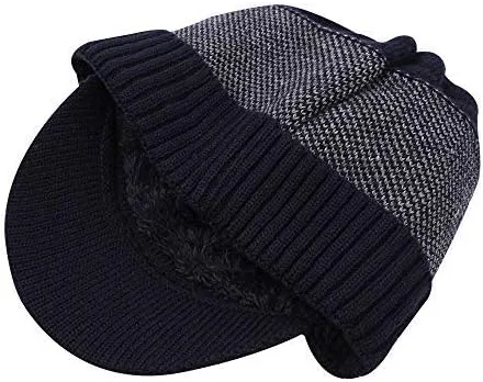 Miniatura 3 de XIAOHAWANG Gorro de invierno para hombre con visera de cable de punto con forro polar de retazos a rayas con ala para deportes al aire libre