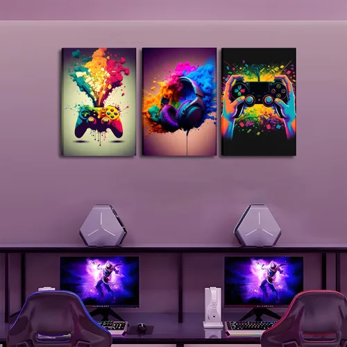 Miniatura 4 de Juego de Arte de Pared para Decoración de Sala de Juegos de 3 Piezas - Decoración de Pared de Control de Videojuegos para Gamers, Póster de Lienzo