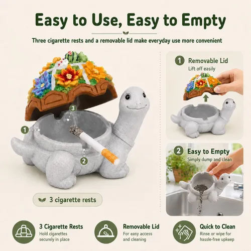 Miniatura 3 de LESES Cenicero, lindo cenicero de cigarrillos de tortuga con tapa, sin humo, impermeable, bandeja de cenizas de resina para exteriores, para patio