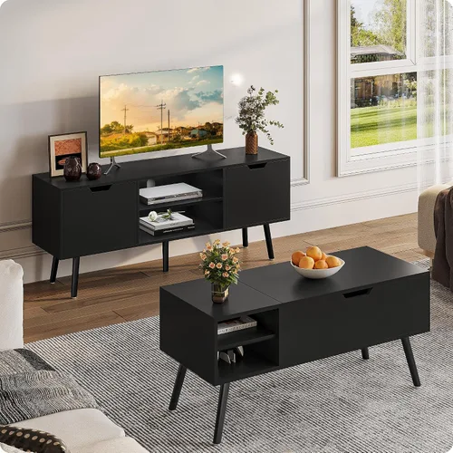 Miniatura 7 de ALINE FURNITURE - Soporte de TV negro para televisores de 50, 55, 60+ pulgadas - Consola multimedia con 2 gabinetes y estantes abiertos, patas