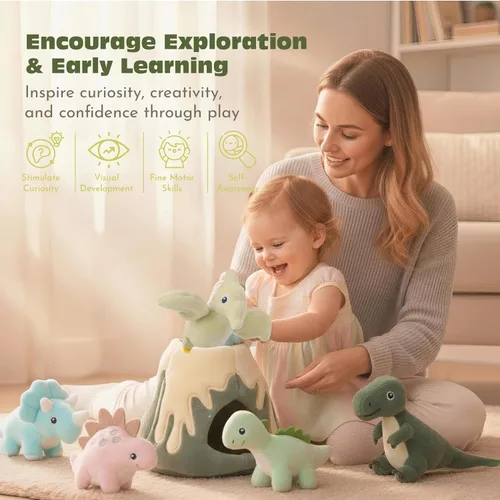 Miniatura 3 de Juguetes para bebés 6-12 meses – Mi pequeño volcán con 5 dinosaurios de peluche, juguete Montessori con sonajero, crujiente, silbato, juguetes