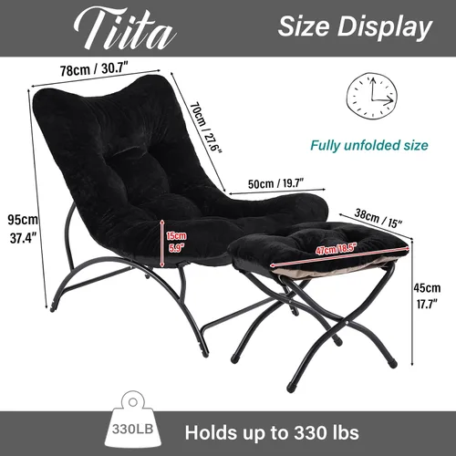 Miniatura 3 de Tiita - Silla acentuada perezosa con otomana, cómoda silla de ocio con estructura metálica y tela de felpa, silla reclinable acogedora con asiento