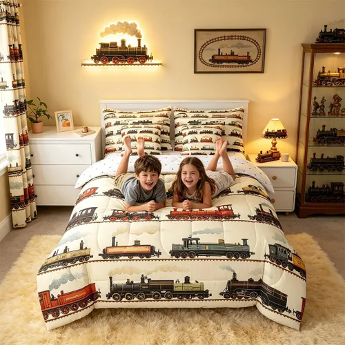 Miniatura 2 de Feelyou Juego de edredón de tren vintage de 7 piezas, diseño retro de motor de vapor para niños y niñas, juego de ropa de cama retro de tren