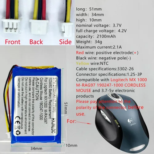 Miniatura 2 de DC 3.7v 103450 2100mAh batería recargable de polímero de litio para Logitech MX1000 MX-1000 M-RAG97 ratón inalámbrico Bluetooth 190247-1000