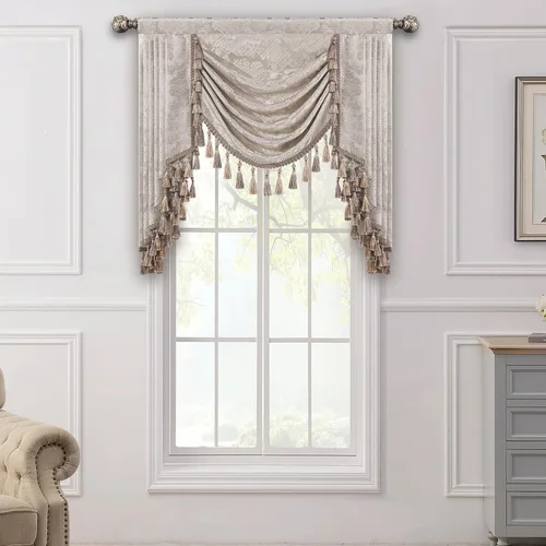 Miniatura 33 de Loom and Mill Cenefa de cascada de lujo de jacquard para sala de estar, elegantes cenefas de ventana con festones y cuentas damascadas, cortinas