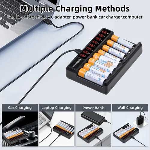 Miniatura 3 de Baterías AA recargables y pilas AAA (paquete de 4) con cargador de batería AA AAA de 8 bahías, cargador de batería recargable Ni-Mh