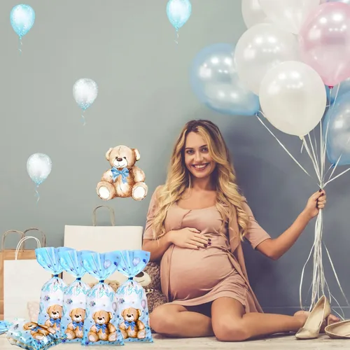 Miniatura 7 de Pajean Paquete de 100 bolsas de regalo de oso para baby shower, de celofán, bolsas de regalo de plástico a granel con lazos metálicos