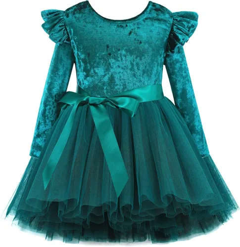 Flofallzique Vestido de terciopelo para niñas pequeñas, con volantes, de manga larga, vestido de tul de princesa para fiesta de cumpleaños, de 1 a