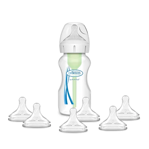 Miniatura 13 de Dr. Brown's Natural Flow® Anti-Colic Options+™ Biberón de cuello ancho, 5 oz/5.1 fl oz, pezón nivel 1, 1 paquete, 0.0 ft+ con paquete de 6 pezones