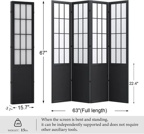 Miniatura 5 de Divisor de habitación plegable y pantalla de partición portátil de 5.6 pies, estilo Shoji chino japonés para separación de habitaciones - 4 paneles