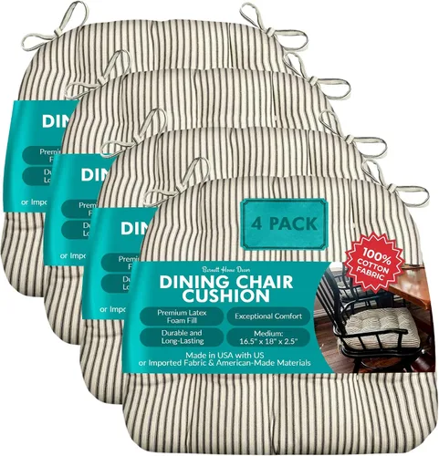 Miniatura 156 de Barnett Home Decor Ticking Stripe Berlin Blue - Almohadilla para silla de comedor con lazos, tamaño mediano 18, relleno de espuma de látex, lavable