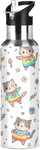 Miniatura 8 de Cute Cartoon Cats Rainbow Insulated Stainless Steel Water Bottle with Straw 20 Oz, BPA-Free Sports Water Bottle with Straw Leakproof Water Bottles