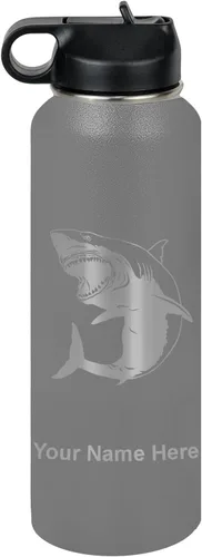Miniatura 35 de LaserGram Botella de agua personalizada, gran tiburón blanco, acero inoxidable de doble pared aislada al vacío con popote superior, regalo grabado