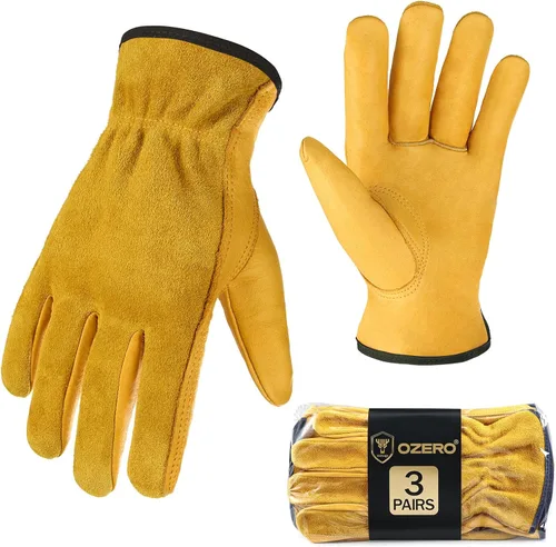 Miniatura 9 de OZERO Guantes de trabajo de piel de vaca con agarre flexible para cortar madera, construcción, conducción de camiones, jardín/patio para trabajo Oro