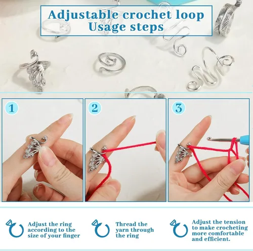 Miniatura 4 de 8 piezas de anillo de ganchillo, anillo de ganchillo ajustable para dedo, anillos de tensión para hilo de gato, guía de hilo para tejer, dedal