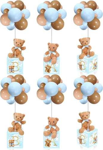 Lenwen 6 juegos de decoraciones de oso azul para baby shower, cajas de letras para baby shower, centros de mesa de baby shower, globos de animales
