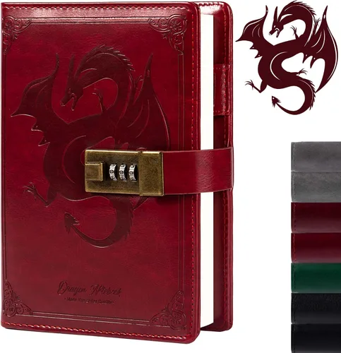 Miniatura 11 de TIEFOSSI Diario de Cuero Dragón, Cuaderno de Tapa Dura, Diario Recargable con Cerradura, Cuadernos de Escritura con Papel Rayado/En Blanco