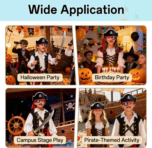 Miniatura 5 de Halatool 36 piezas de accesorios piratas para niños, juego completo de fiesta pirata para 12 personas con sombreros de fieltro suave, parches