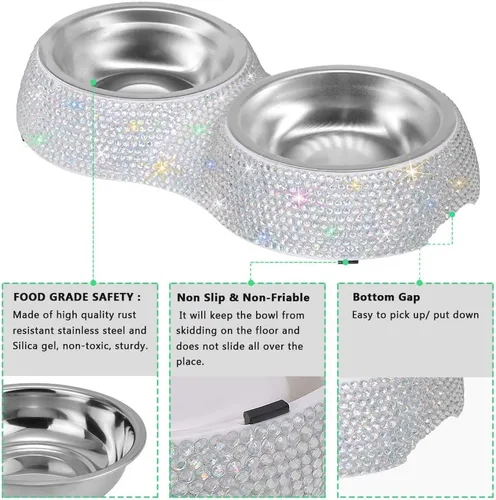 Miniatura 3 de SAVORI Cuencos pequeños para perros, hechos a mano con diamantes de imitación brillantes de acero inoxidable para mascotas, comedero doble de AB