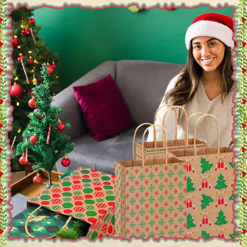 Miniatura 7 de Fulmoon Juego de 48 bolsas de regalo de papel kraft de Navidad a granel, bolsas de regalo de papel surtido con asa, vacaciones para regalos