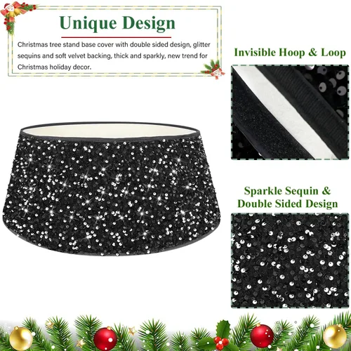 Miniatura 4 de FUHSY Collar Negro de Árbol de Navidad de 24 Pulgadas, Falda de Árbol de Navidad con Lentejuelas, Terciopelo Metálico, Falda de Árbol de Halloween