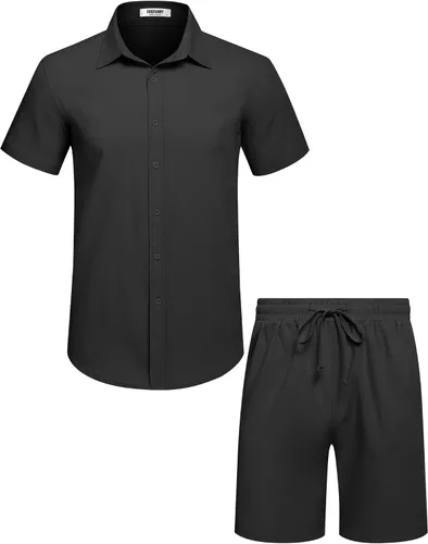 Miniatura 16 de COOFANDY Conjunto de 2 piezas de algodón y lino para hombre, camisas de manga corta con botones, pantalones cortos de playa de verano, trajes